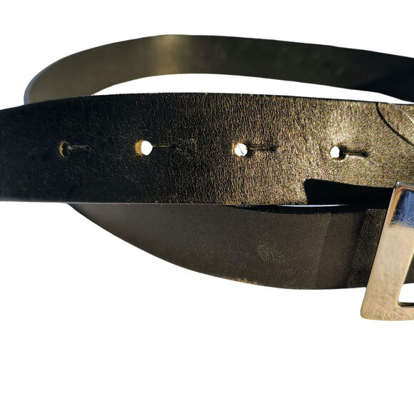 Italian Made Black Leather Belt Rectangular Silver Pull Through Buckle Size 32 - Picture 5 of 6